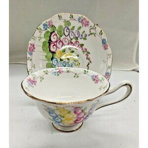 Vintage Royal Albert Bone China Avon Shape Cup & Saucer Set Hollyhocks 1940's